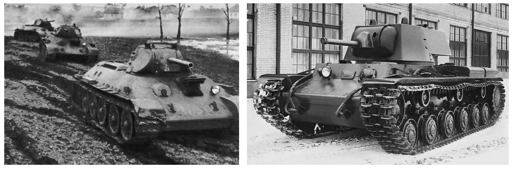 În stânga — coloană de T-34 Mod 1940. În dreapta — KV-1 L11