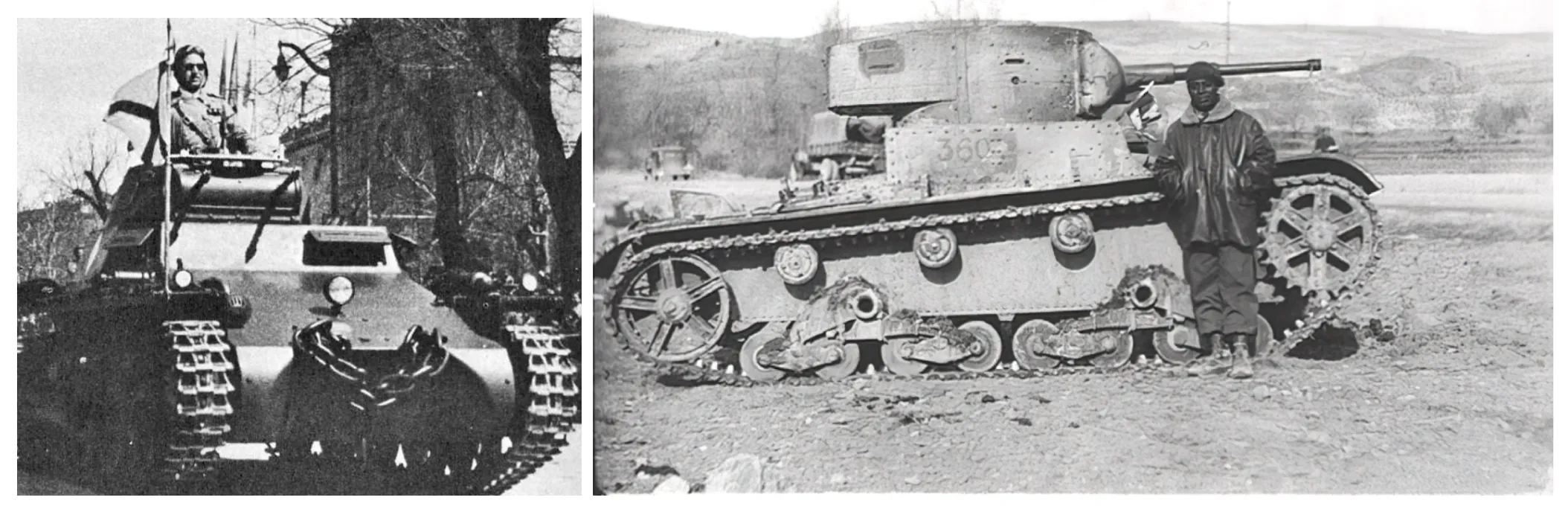 În stânga — tancheta nemțească Panzer 1A. În dreapta — tancul sovietic T-26 Mod. 1933 și șoferul său